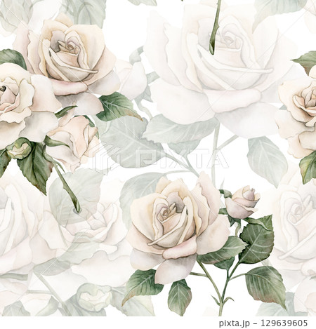 Roses on stem with bud and leaves white garden flower arrangements Watercolor hand painted floral seamless pattern on white background for wedding design home textile fabric crockery wrapping paper Roses on stem with bud and leaves white garden flower arrangements Watercolor hand painted floral seamless pattern on white background for wedding design home textile fabric crockery wrapping paper 129639605