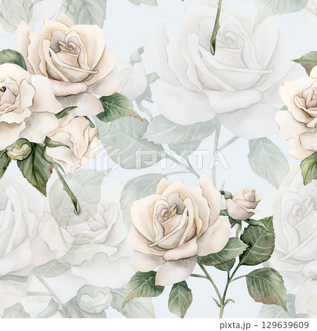 Roses on stem with bud and leaves white garden flower arrangements Watercolor hand painted floral seamless pattern on blue background for wedding design home textile fabric crockery wrapping paper Roses on stem with bud and leaves white garden flower arrangements Watercolor hand painted floral seamless pattern on blue background for wedding design home textile fabric crockery wrapping paper 129639609