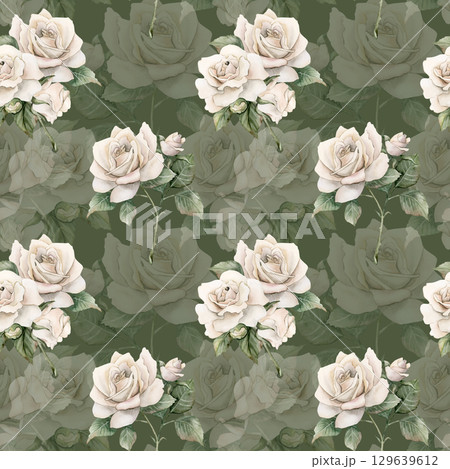 Roses on stem with bud and leaves white garden flower arrangements Watercolor hand painted floral seamless pattern on green background for wedding design home textile fabric crockery wrapping paper Roses on stem with bud and leaves white garden flower arrangements Watercolor hand painted floral seamless pattern on green background for wedding design home textile fabric crockery wrapping paper 129639612