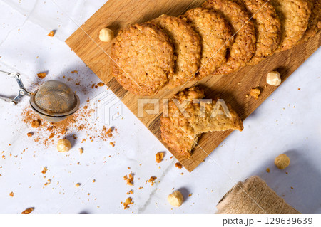 Oatmeal cookies with hazelnuts. Flat lay Oatmeal cookies with hazelnuts. Flat lay 129639639
