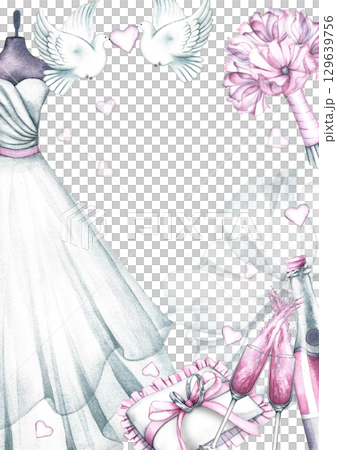 Wedding vertical frame with a bride's dress, wedding rings, champagne, and other wedding elements. Hand-drawn watercolor illustration. For greeting and invitation cards, flyers, and posters. Wedding vertical frame with a bride's dress, wedding rings, champagne, and other wedding elements. Hand-drawn watercolor illustration. For greeting and invitation cards, flyers, and posters. 129639756