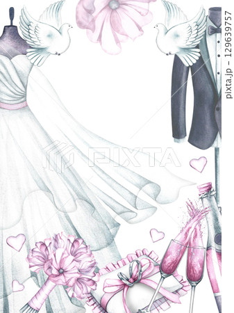 Wedding vertical frame with bride's dress and groom's suit, wedding rings, champagne and other wedding elements. Hand-drawn watercolor illustration. For greeting and invitation cards, flyers, posters. Wedding vertical frame with bride's dress and groom's suit, wedding rings, champagne and other wedding elements. Hand-drawn watercolor illustration. For greeting and invitation cards, flyers, posters. 129639757