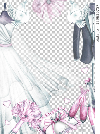 Wedding vertical frame with bride's dress and groom's suit, wedding rings, champagne and other wedding elements. Hand-drawn watercolor illustration. For greeting and invitation cards, flyers, posters. Wedding vertical frame with bride's dress and groom's suit, wedding rings, champagne and other wedding elements. Hand-drawn watercolor illustration. For greeting and invitation cards, flyers, posters. 129639757