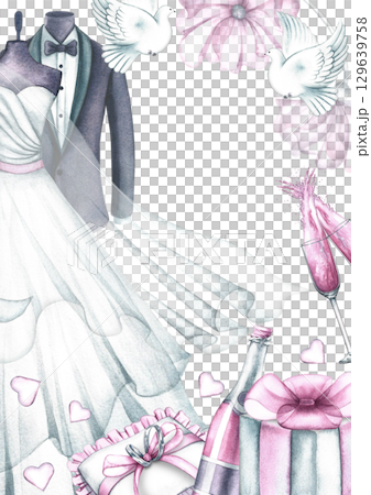Wedding vertical frame with bride's dress and groom's suit, wedding rings, champagne and other wedding elements. Hand-drawn watercolor illustration. For greeting and invitation cards, flyers, posters. Wedding vertical frame with bride's dress and groom's suit, wedding rings, champagne and other wedding elements. Hand-drawn watercolor illustration. For greeting and invitation cards, flyers, posters. 129639758