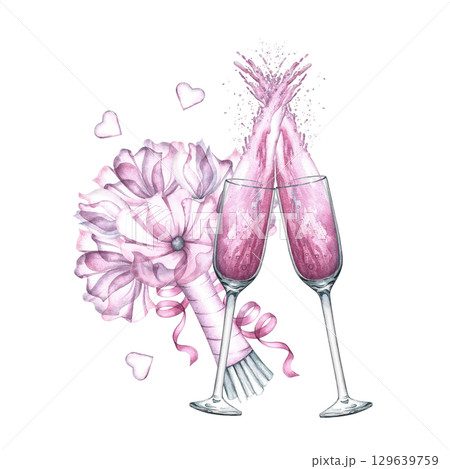 Two glasses of pink champagne clinking glasses and a bouquet of pink flowers. Hand-drawn watercolor illustration. Isolate. Element of design for postcards, banners, posters, and more. 129639759