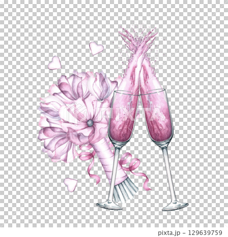 Two glasses of pink champagne clinking glasses and a bouquet of pink flowers. Hand-drawn watercolor illustration. Isolate. Element of design for postcards, banners, posters, and more. 129639759