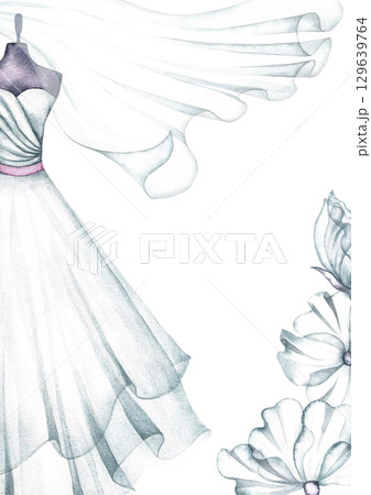 Wedding vertical frame. White wedding dress on a mannequin, veil and flowers. Hand-drawn watercolor illustration. For greeting and invitation cards, banners, flyers, invitation tickets, and more. 129639764