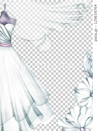 Wedding vertical frame. White wedding dress on a mannequin, veil and flowers. Hand-drawn watercolor illustration. For greeting and invitation cards, banners, flyers, invitation tickets, and more. 129639764