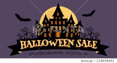 Halloween sale banner with haunted house bats and moon vector illustration. 129639842