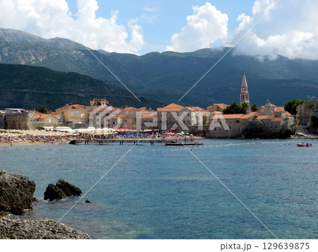 Charming Beaches of Budva in Montenegro With Stunning Mountain Backdrop Charming Beaches of Budva in Montenegro With Stunning Mountain Backdrop 129639875