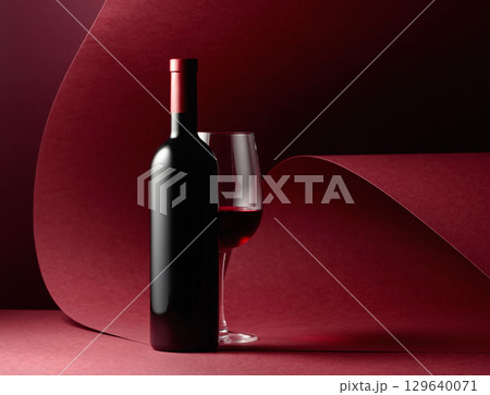 Bottle and glass of red wine on a red background. 129640071
