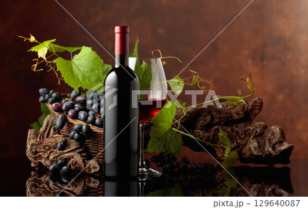 Glass and bottle of red wine with blue grapes and vine branches. 129640087