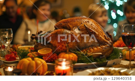 A beautifully roasted turkey sits on a festive table surrounded by pumpkins, grapes, and candles. Family members enjoy a Thanksgiving dinner in a cozy setting 129640358