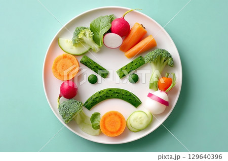 Creative veggie face art on a white plate featuring a variety of colorful vegetables Creative veggie face art on a white plate featuring a variety of colorful vegetables 129640396