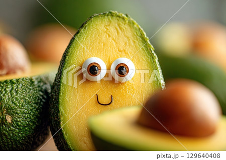 Avocado with expressive googly eyes smiling amidst other avocados on kitchen counter 129640408