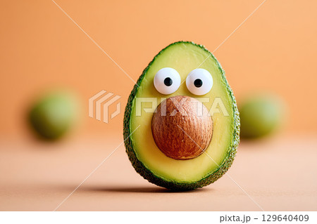 Expressive avocado with googly eyes on a neutral background creating a playful atmosphere 129640409