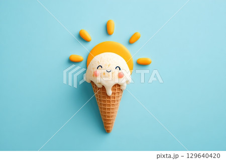 Cream cone melting under a sunny sky with cheerful facial expression 129640420