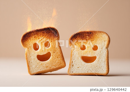Toast pops out of the toaster with a joyful expression against a neutral background 129640442