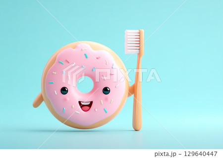 Happy donut character promoting dental hygiene with a toothbrush in a light blue background 129640447