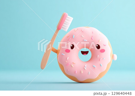 Cute donut character holds toothbrush against pastel blue background for fun dental hygiene 129640448