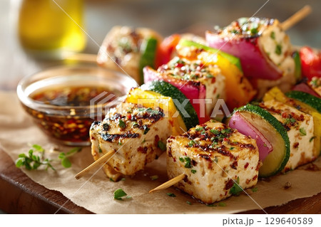 Savor delicious grilled tofu skewers with zucchini and colorful vegetables at a summer barbecue Savor delicious grilled tofu skewers with zucchini and colorful vegetables at a summer barbecue 129640589