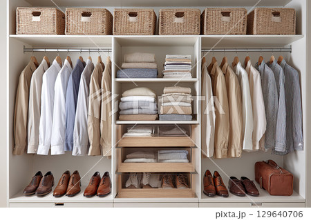Organized wardrobe displays high-quality clothing and accessories in a contemporary design 129640706