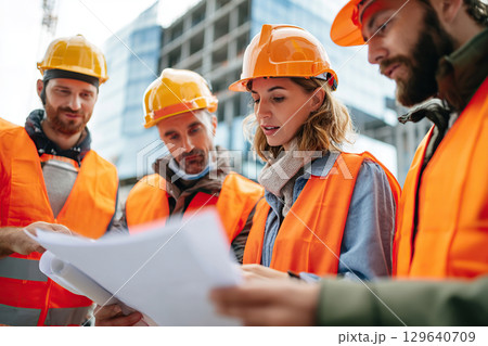 Young engineers and architects collaborating on construction plans at urban site 129640709