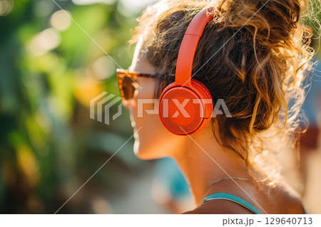 Enjoying nature sounds through headphones while relaxing outdoors on a sunny day 129640713