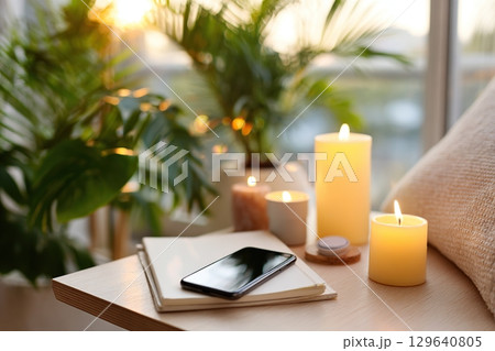 Relaxing detox moment with phone switched off surrounded by candles and plants 129640805