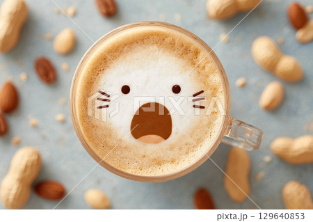 Yawning latte art atop coffee surrounded by nuts and seeds at a cozy cafe 129640853
