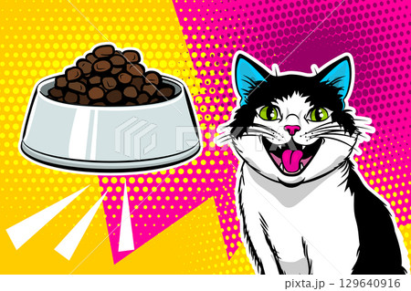 Cheerful cat eagerly awaiting mealtime 129640916