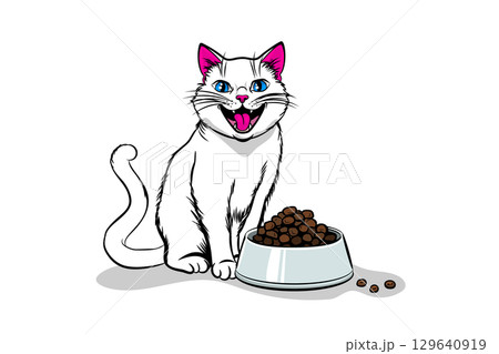 Cheerful cat eagerly awaiting mealtime 129640919