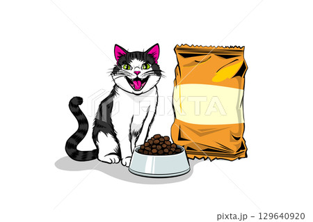 Cheerful cat eagerly awaiting mealtime 129640920