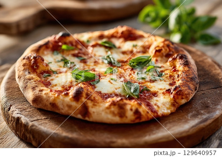 Fresh margherita pizza served on a rustic wooden board with basil garnish 129640957