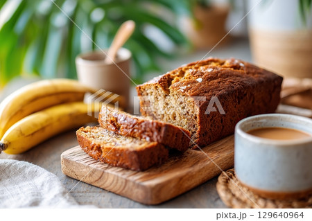 Sliced banana bread served on a wooden board next to ripe bananas and a cup of coffee 129640964