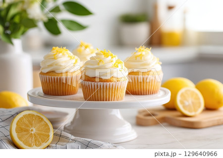 Delightful lemon cupcakes topped with coconut frosting and fresh lemon zest on display 129640966