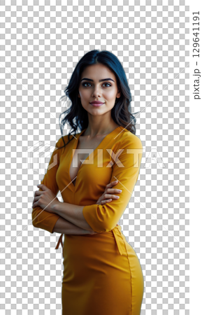 A Middle Eastern female leader in a bold gold dress, confidently standing with projections of stock charts and world economy 129641191