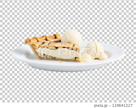 Apple Pie Slice with Vanilla Ice Cream A warm slice of apple pie with golden, flaky crust, filled with tender, 129641227