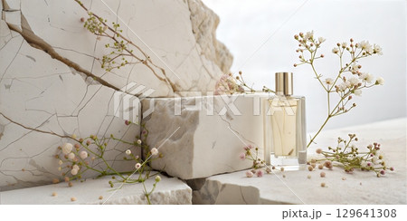 An Elegant Perfume Bottle Beautifully Surrounded by Exquisite Delicate Flowers and Soft Stones 129641308