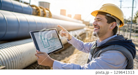 An engineer is using a tablet at a construction site focused on pipelines and tasks 129641313