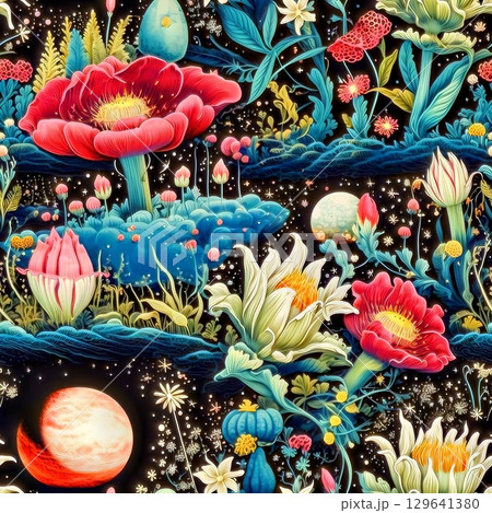 Celestial flowers and planets, dark background, cosmic illustration 129641380