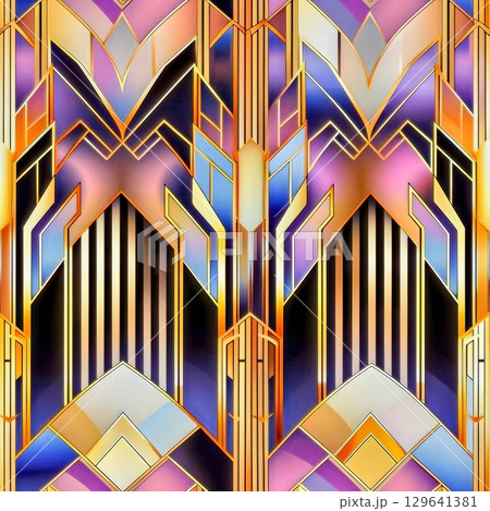 Art Deco geometric design, gold and teal hues, intricate seamless pattern 129641381