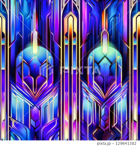 Art Deco geometric pattern, vibrant neon colors, seamless abstract design 129641382