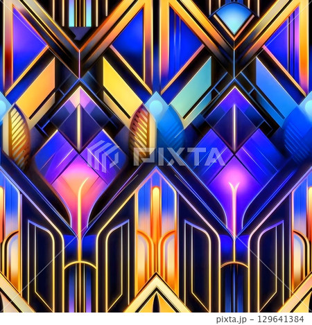 Art Deco geometric pattern, gold and blue tones, seamless vintage design 129641384