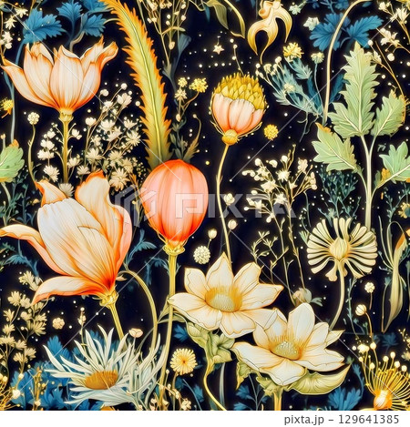 Celestial flowers and planets, dark background, cosmic illustration 129641385