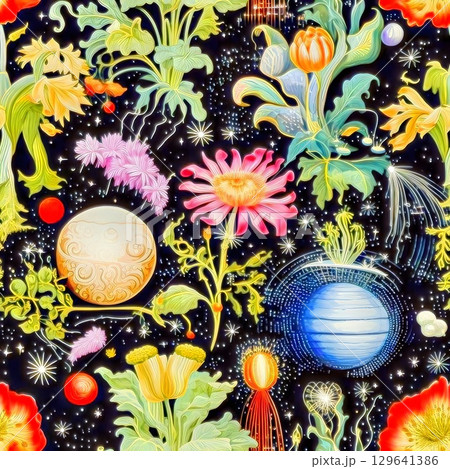 Celestial flowers and planets, dark background, cosmic illustration 129641386