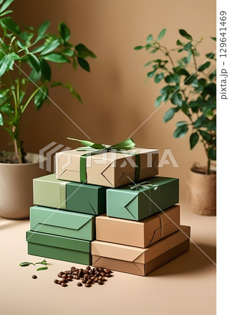 Stacked gift boxes with green ribbons and coffee beans 129641469