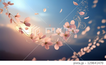 Delicate cherry blossom petals floating in a serene twilight sky 129641470