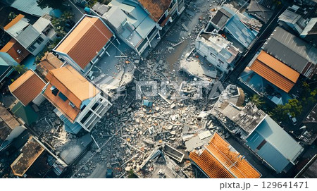 Aerial view of earthquake destruction in a residential area, highlighting the consequences of natural disasters. For educational, urban planning, and emergency response materials. 129641471