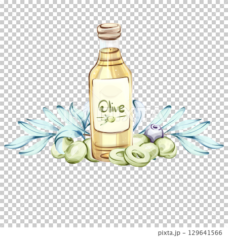 Exploring the Essence of Olive Oil and Olives in a Vibrant Watercolor Illustration frame, border, arrangement 129641566